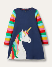 Load image into Gallery viewer, NWT Mini Boden Navy Rainbow Unicorn Appliqué Dress