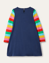 Load image into Gallery viewer, NWT Mini Boden Navy Rainbow Unicorn Appliqué Dress