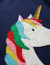 Load image into Gallery viewer, NWT Mini Boden Navy Rainbow Unicorn Appliqué Dress