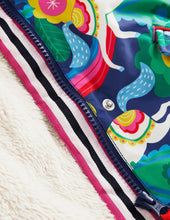 Load image into Gallery viewer, NWT Mini Boden Navy Unicorn Print Sherpa Lined Anorak