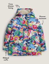 Load image into Gallery viewer, NWT Mini Boden Navy Unicorn Print Sherpa Lined Anorak