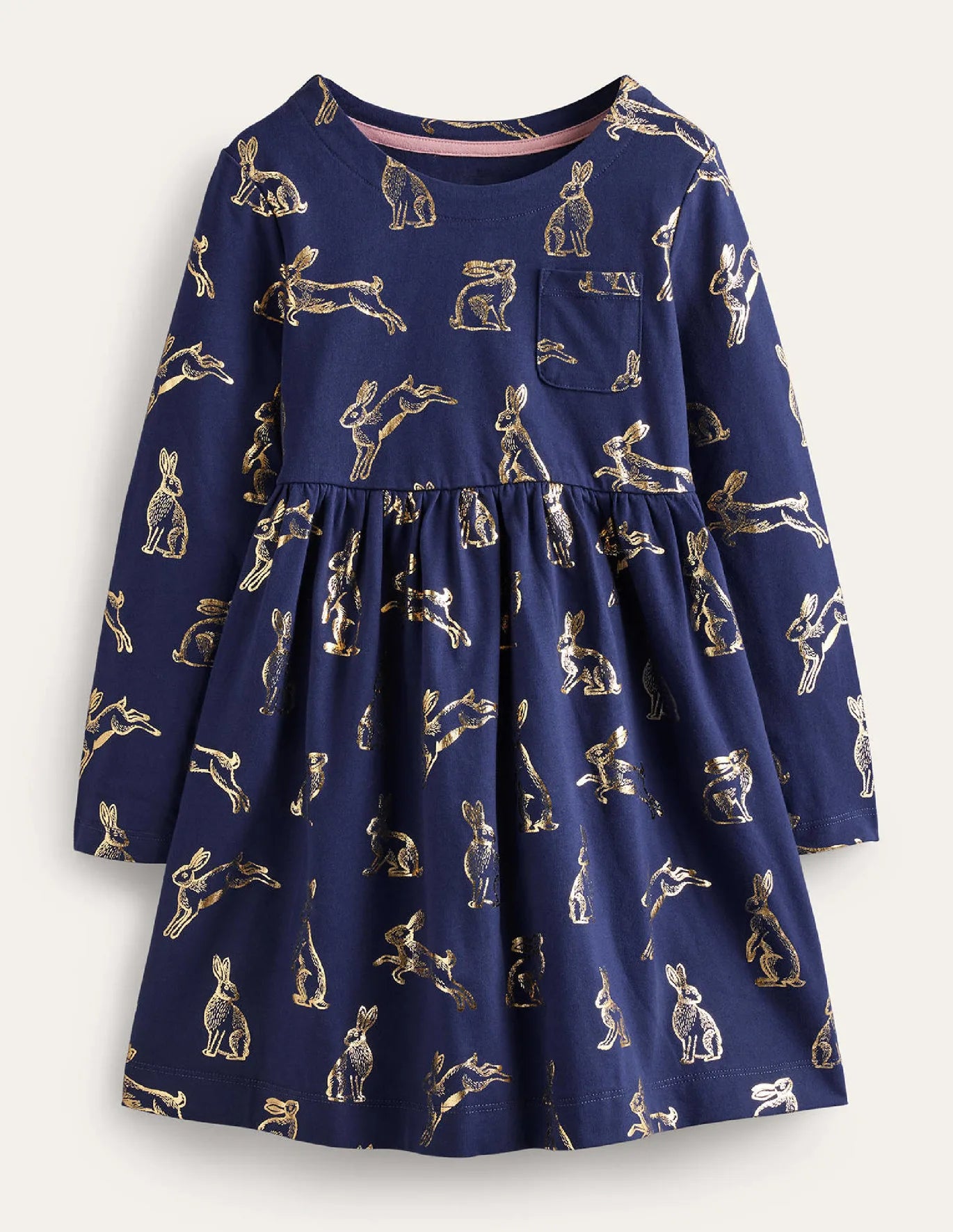 fitted lace wedding dress Mini Boden College Navy Foil Bunnies Long Sleeve Fun Jersey Dress