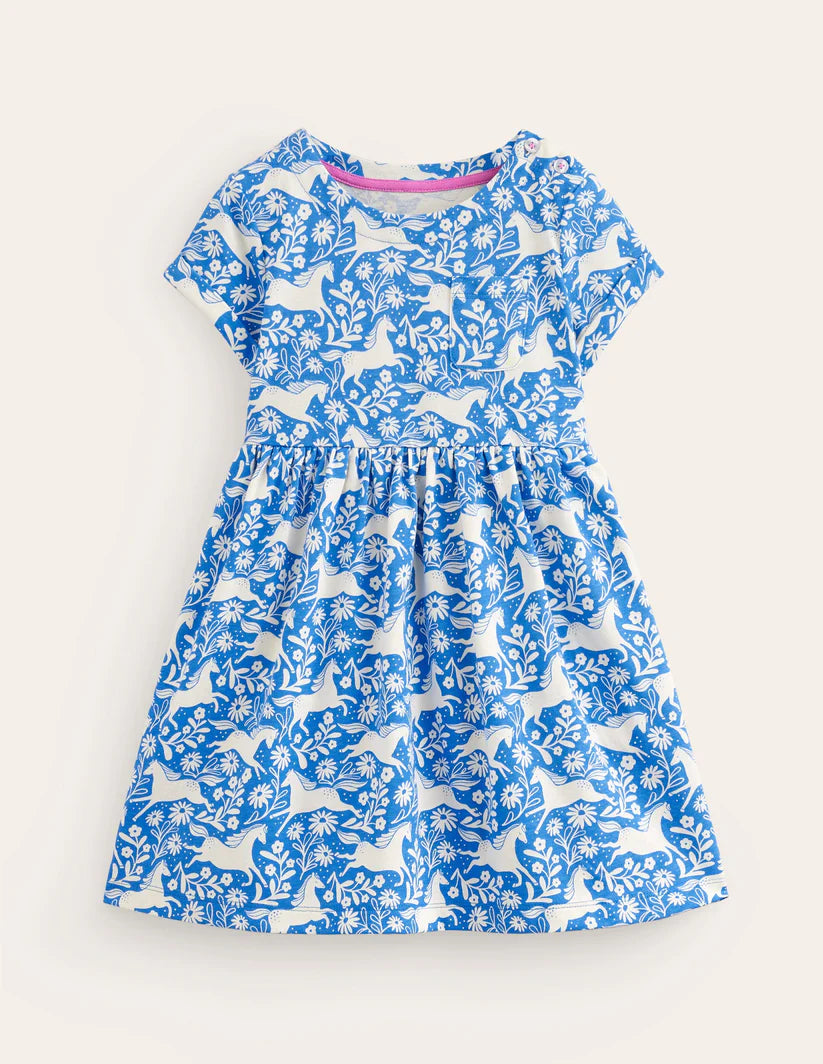 mini boden fun jersey dress Boden Girls Peacock Plume Blue Horses Short-sleeved Fun Jersey Dress