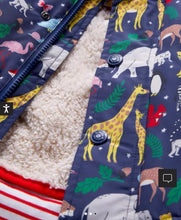 Load image into Gallery viewer, NWOT Mini Boden Navy 3-in-1 Animal Print Hooded Coat