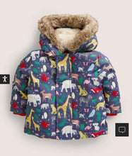 Load image into Gallery viewer, NWOT Mini Boden Navy 3-in-1 Animal Print Hooded Coat