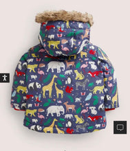 Load image into Gallery viewer, NWOT Mini Boden Navy 3-in-1 Animal Print Hooded Coat