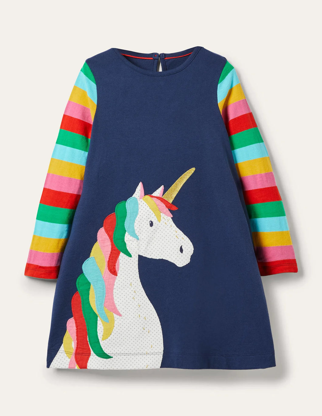 NWT Mini Boden Navy Rainbow Unicorn Appliqué Dress