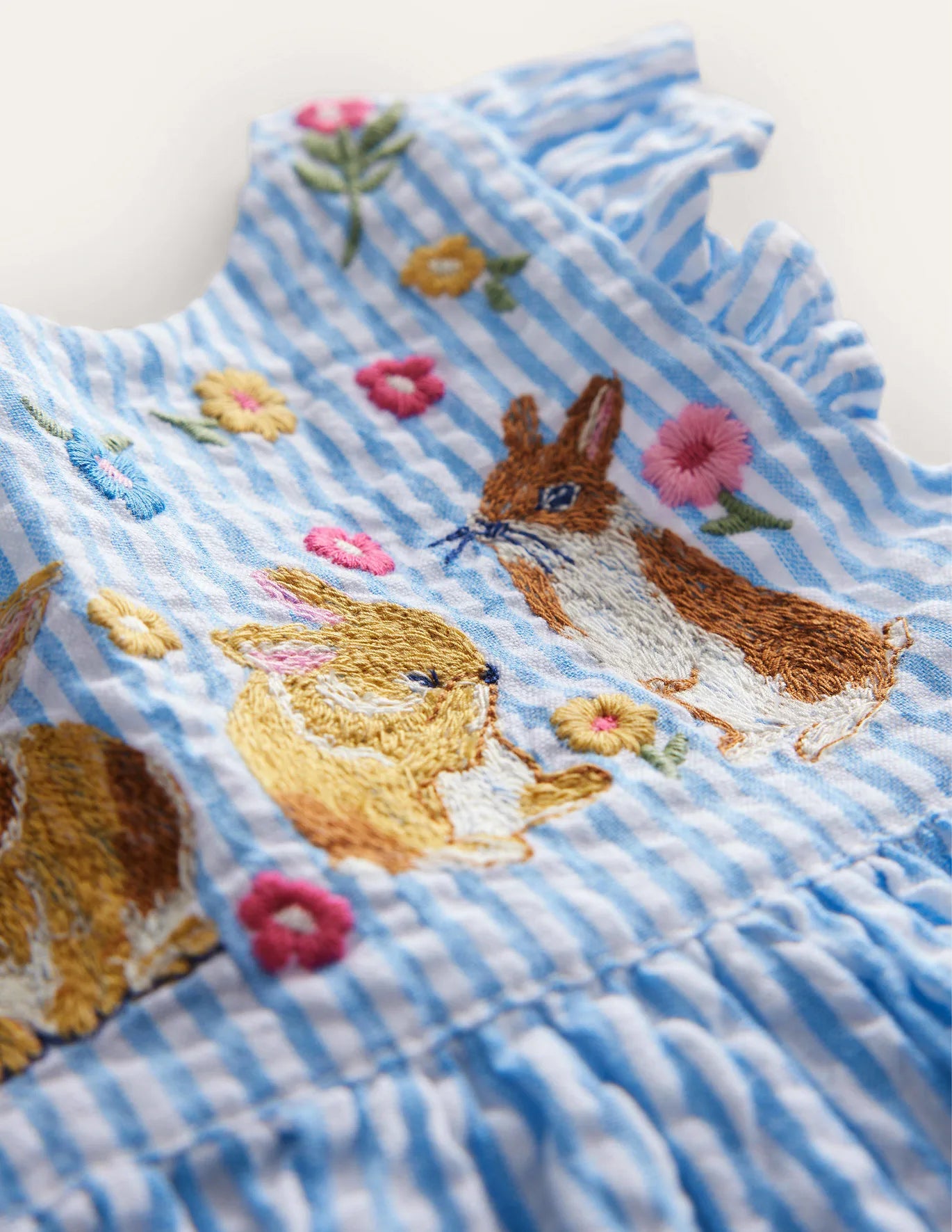 mini boden easter bunny dress Mini Boden Stripe Embroidered Cotton Pinafore Dress in Ivory/Blue Ticking Bunny at Nordstrom, Size 12-18M