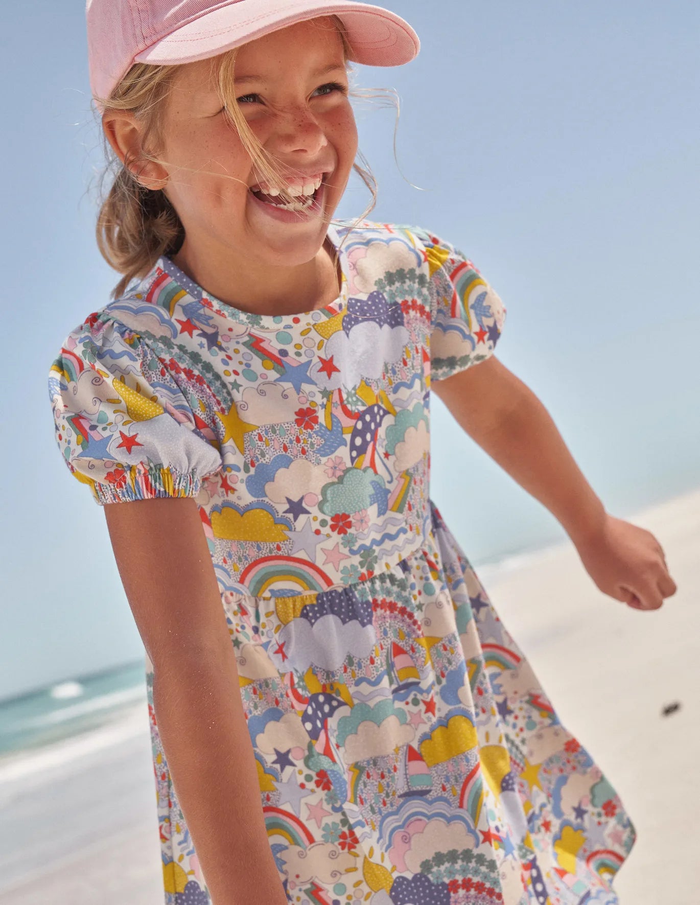 Girls Boden Blue Puff Sleeve Jersey Dress - Blue