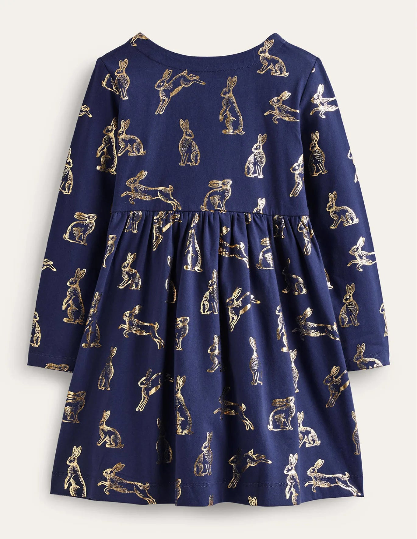 Mini Boden College Navy Foil Bunnies Long Sleeve Fun Jersey Dress