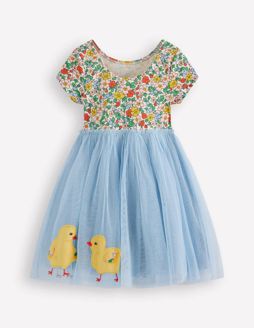 Ami Applique Tulle Dress Pale Blue Horses Boden Women's 3-4Y
