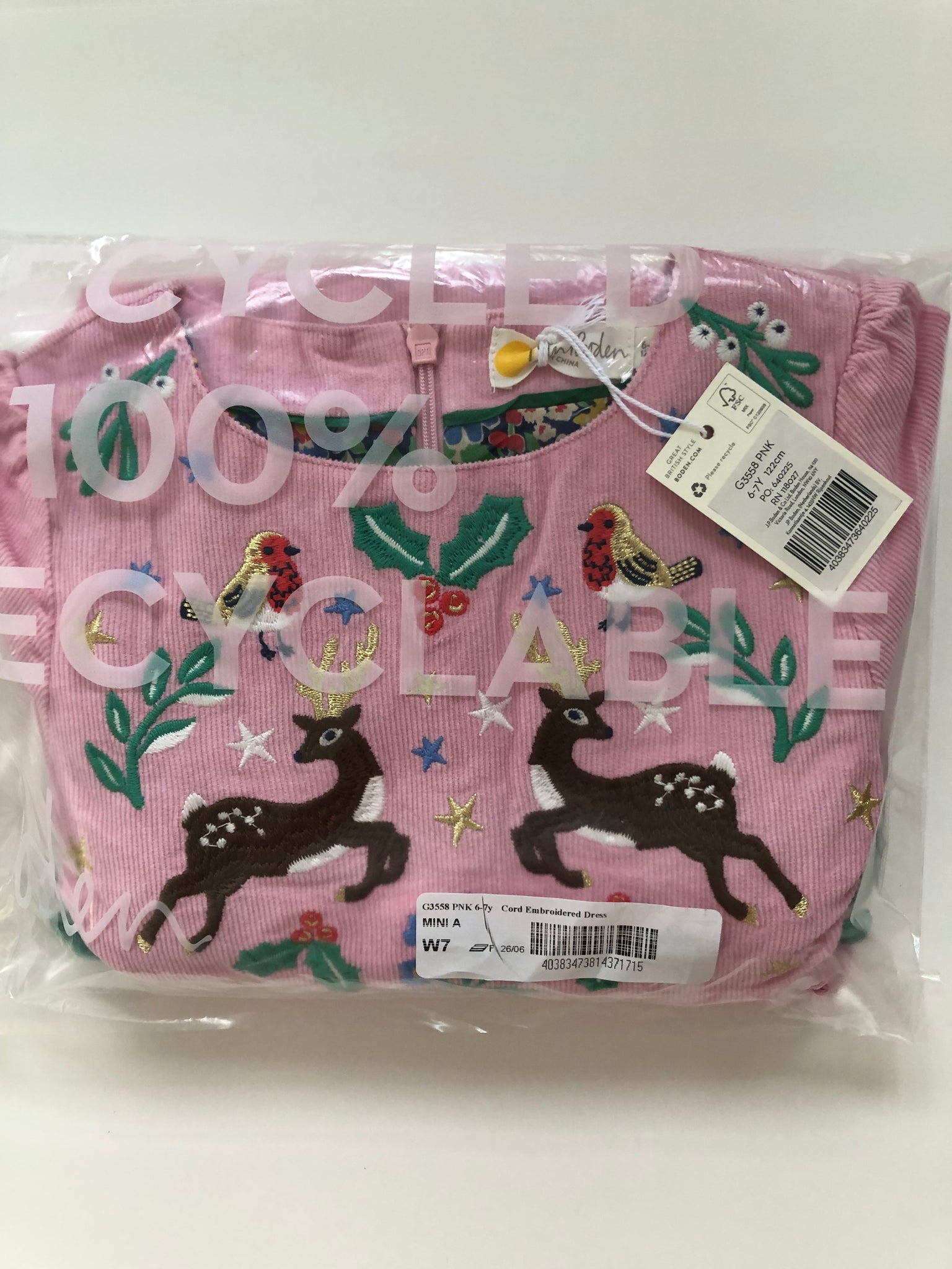 NWT Mini Boden Pink Reindeer Cord Embroidered Party Dress