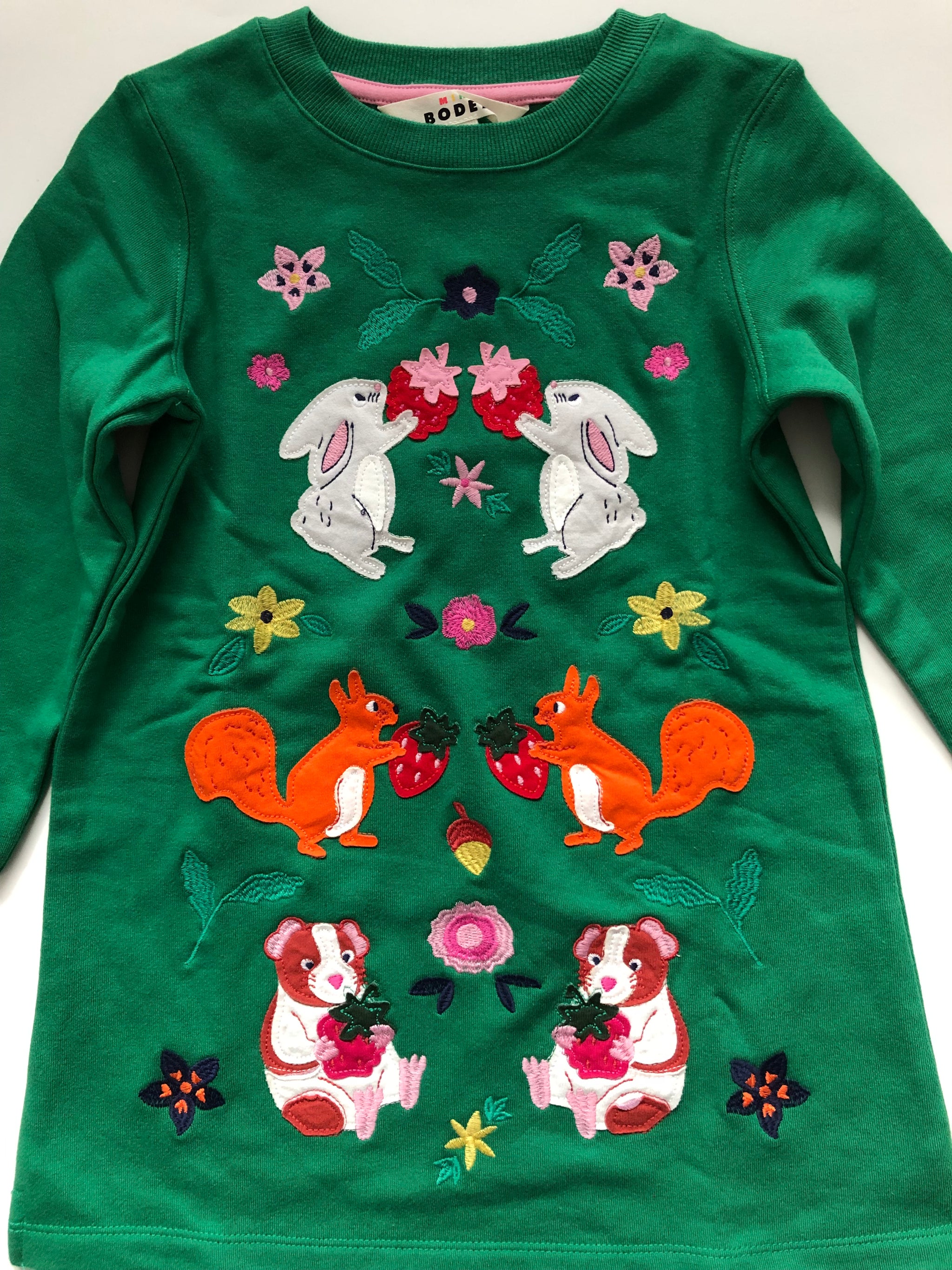Mini Boden Deep Green Woodland Cosy Appliqué Sweatshirt Dress