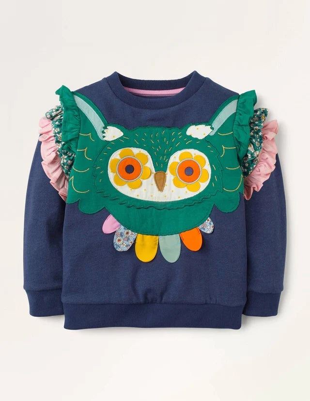 NWOT Mini Boden Owl Appliqué Sweatshirt