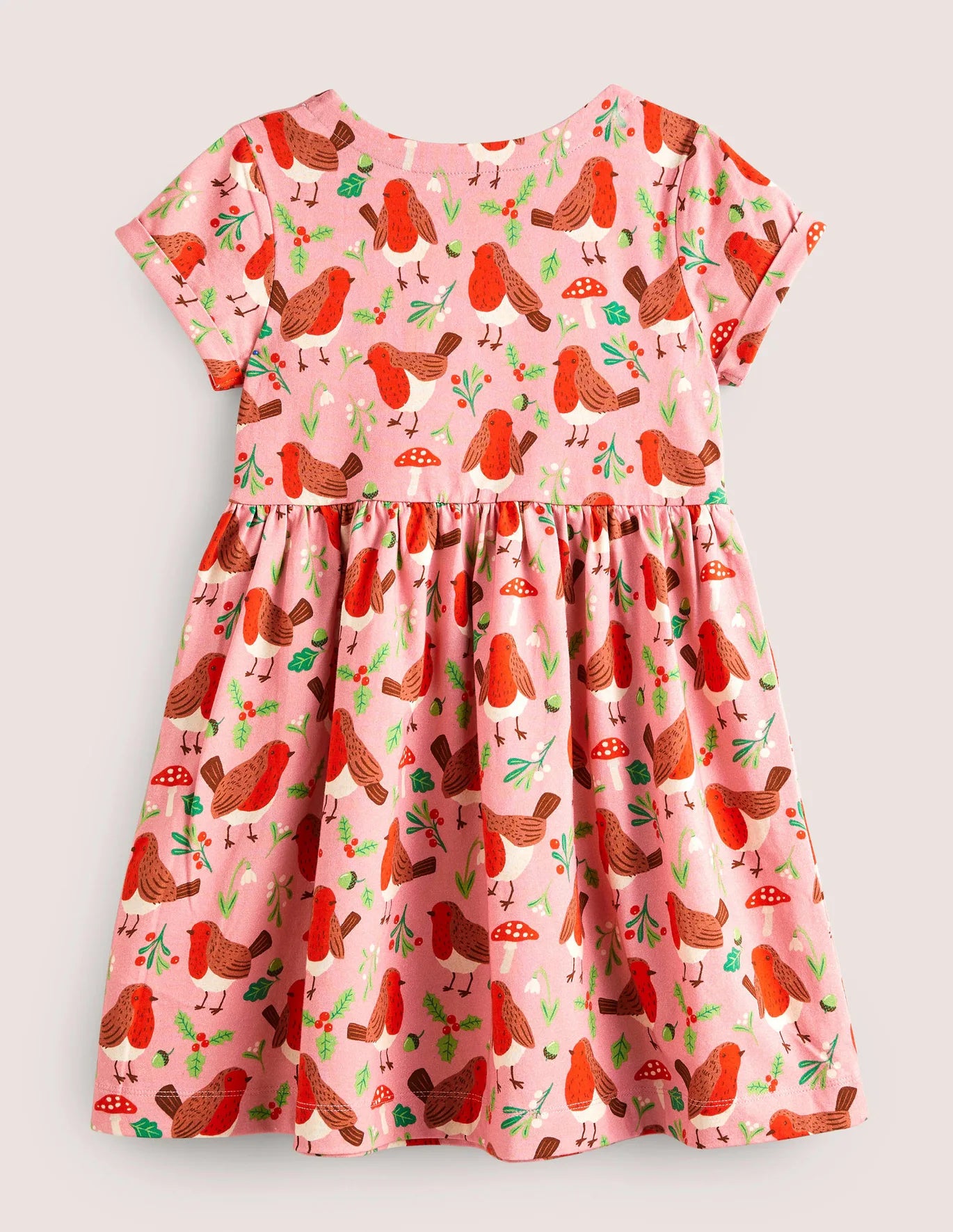 Mini Boden Kids' Print Cotton Jersey Dress in Formica Pink Festive Robins at Nordstrom, Size 2-3Y
