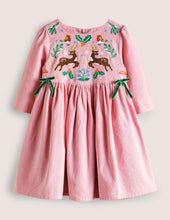 Load image into Gallery viewer, NWT Mini Boden Pink Reindeer Cord Embroidered Party Dress
